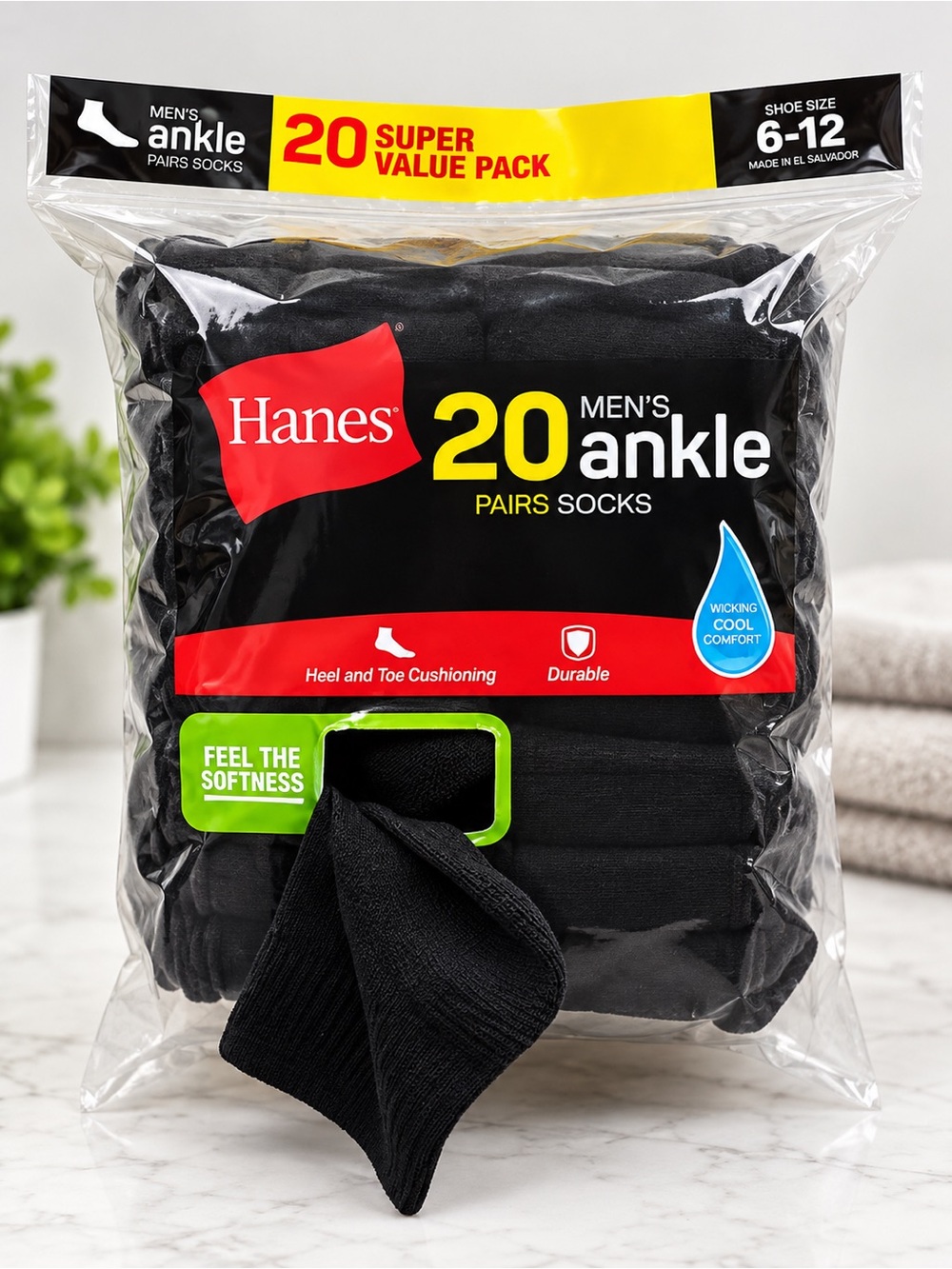 Hanes Black Men's Ankle Socks 20-Pack - Cushioned Comfort